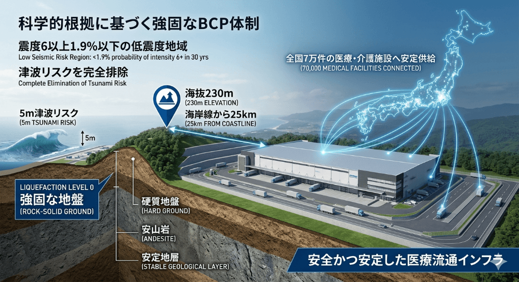 災害リスクを極小化した立地と市場カバーエリアの図